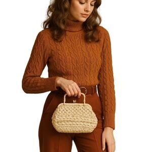 Vintage Japan Straw Woven Top Handle Bag Cream Raffia Frame Handbag Small